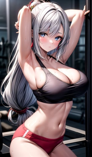 shenhe 1girl bare_shoulders blue_eyes breasts collarbone hair_ornament (large_breasts) long_hair looking_at_viewer low-tied_long_hair solo tassel very_long_hair white_hair gym in_gym gym_scenary (((black_crop_top))) cleavage thong arms_up armpits hands_on_own_head sweat (narrow_hip) closed_mouth,