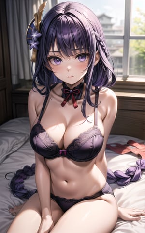 raidenshogun 1girl closed_mouth flower hair_flower more_details:1 ((hair_ornament))) (((large_breasts))) long_hair looking_at_viewer purple_eyes purple_hair solo sweat very_long_hair sexy sexy_pose  (((bare_neck))) in_bedroom sitting_on_bed (((purple_bra))) cleavage bare_arms raiden_shogun (((single_braid))) (((bare_arms)))