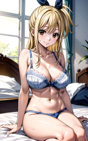 Lucy_Heartfilia 1girl solo blonde_hair brown_eyes hair_ribbon breasts ((large_breasts)) long_hair  blue_ribbon ribbon in_bedroom (((white_bra))) panties sitting_on_bed smile sexy sexy_pose sexy_expresion standing sweat side_ponytail 