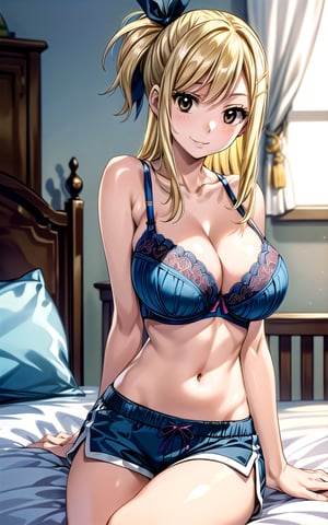 Lucy_Heartfilia 1girl solo blonde_hair brown_eyes hair_ribbon breasts ((large_breasts)) long_hair  blue_ribbon ribbon in_bedroom (((blue_bra))) ((dolphin_shorts)) sitting_on_bed smile sexy sexy_pose sexy_expresion standing side_ponytail 