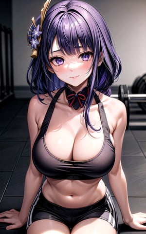 raidenshogun 1girl closed_mouth flower hair_flower more_details:1 ((hair_ornament))) (((large_breasts))) long_hair looking_at_viewer purple_eyes purple_hair solo sweat very_long_hair sexy sexy_pose smile  (((bare_neck))) in_gym gym sitting_on_the_floor (((black_crop_top))) cleavage gym_shorts bare_arms raiden_shogun (((single_braid)))