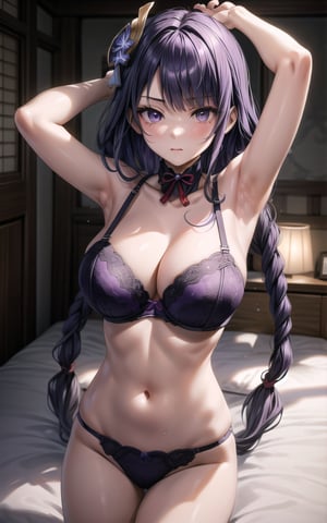 raidenshogun 1girl closed_mouth flower hair_flower more_details:1 ((hair_ornament))) (((large_breasts))) long_hair looking_at_viewer purple_eyes purple_hair solo sweat very_long_hair sexy sexy_pose  (((bare_neck))) in_bedroom standing hands_on_own_head arms_up armpits (((purple_bra))) cleavage bare_arms raiden_shogun (((single_braid))) (((bare_arms)))