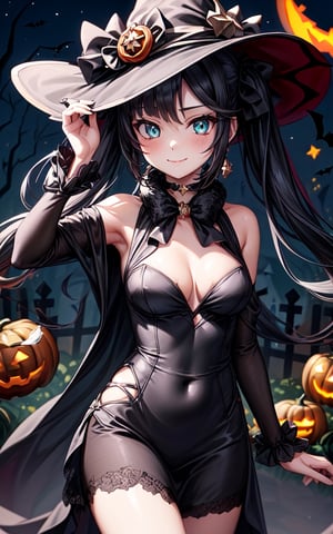 monadef (((alternative_costume))) 1girl solo cleavage black_hair twintails outdoors sexy sexy_pose sexy_expresion ((medium_breasts)) breasts star_earrings jewelry aqua_eyes black_choker smile closed_mouth looking_at_viewer black_ribbon ribbon standing ((halloween)) ((black_dress)) ((black_hat)) jack-o'-lantern ((at_night))