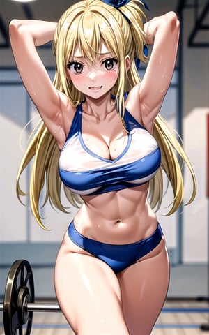 Lucy_Heartfilia 1girl solo blonde_hair brown_eyes hair_ribbon breasts large_breasts long_hair  blue_ribbon ribbon in_gym gym (((alternative_costume))) ((crop_top)) cleavage thong hands_on_own_head arms_up armpits smile sexy sexy_pose sexy_expresion standing sweat side_ponytail 