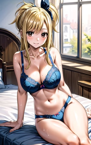 Lucy_Heartfilia 1girl solo blonde_hair brown_eyes hair_ribbon breasts ((large_breasts)) long_hair  blue_ribbon ribbon in_bedroom (((blue_bra))) panties sitting_on_bed smile sexy sexy_pose sexy_expresion standing sweat side_ponytail 