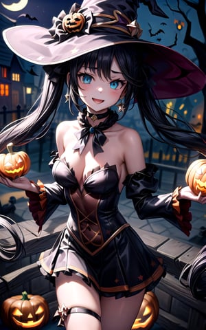 monadef (((alternative_costume))) 1girl solo cleavage black_hair twintails outdoors sexy sexy_pose sexy_expresion ((medium_breasts)) breasts star_earrings jewelry aqua_eyes black_choker smile closed_mouth looking_at_viewer black_ribbon ribbon standing ((halloween)) ((black_skirt)) ((black_hat)) jack-o'-lantern ((at_night)) open_mouth