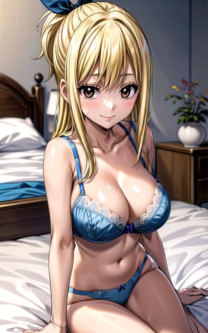 Lucy_Heartfilia 1girl solo blonde_hair brown_eyes hair_ribbon breasts ((large_breasts)) long_hair  blue_ribbon ribbon in_bedroom (((white_bra))) panties sitting_on_bed smile sexy sexy_pose sexy_expresion standing sweat side_ponytail 