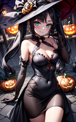 monadef (((alternative_costume))) 1girl solo cleavage black_hair twintails outdoors sexy sexy_pose sexy_expresion ((medium_breasts)) breasts star_earrings jewelry aqua_eyes black_choker smile closed_mouth looking_at_viewer black_ribbon ribbon standing ((halloween)) ((black_dress)) ((black_hat)) jack-o'-lantern ((at_night))