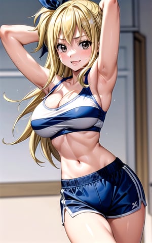 Lucy_Heartfilia 1girl solo blonde_hair brown_eyes hair_ribbon breasts large_breasts long_hair  blue_ribbon ribbon in_gym gym (((alternative_costume))) crop_top cleavage sports_shorts hands_on_own_head arms_up armpits smile sexy sexy_pose sexy_expresion standing sweat side_ponytail 