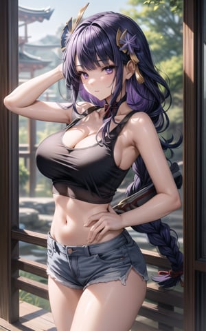 raidenshogun 1girl closed_mouth flower hair_flower more_details:1 ((hair_ornament))) (((large_breasts))) long_hair looking_at_viewer purple_eyes purple_hair solo very_long_hair sexy sexy_pose outdoors standing (((tank_top))) shorts cleavage bare_arms raiden_shogun (((single_braid))) (((bare_arms)))
