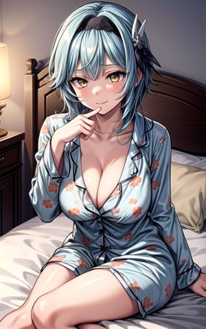 Eula 1girl  blue_hair large_breasts closed_mouth  hair_ornament hairband light_blue_hair solo yellow_eyes sleeping happy sexy_pose sexy breast (((pajama))) short_pajama (((cleavage))) in_bedroom short_hair sitting_on_bed