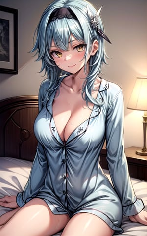 Eula 1girl  blue_hair large_breasts closed_mouth  hair_ornament hairband light_blue_hair solo yellow_eyes smile happy sexy_pose sexy breast (((pajama))) (((cleavage))) in_bedroom short_hair sitting_on_bed
