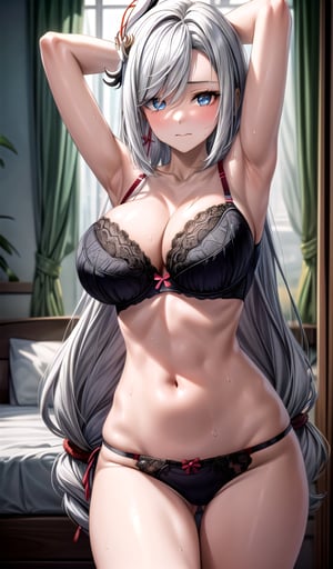 shenhe 1girl bare_shoulders blue_eyes breasts collarbone hair_ornament huge_breasts long_hair looking_at_viewer low-tied_long_hair solo tassel very_long_hair white_hair in_bedroom (((black_bra))) panties arms_up armpits hands_on_own_head sweat (narrow_hip) closed_mouth standing 