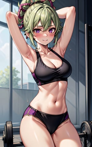 kukishinobu 1girl armpits arms_up blush bra breasts  cleavage collarbone green_hair hair_between_eyes hair_ornament looking_at_viewer medium_breasts purple_eyes  solo sweat (((black_crop_top))) thong cleavage sexy sexy_pose gym in_gym gym_scenary short_hair smile 