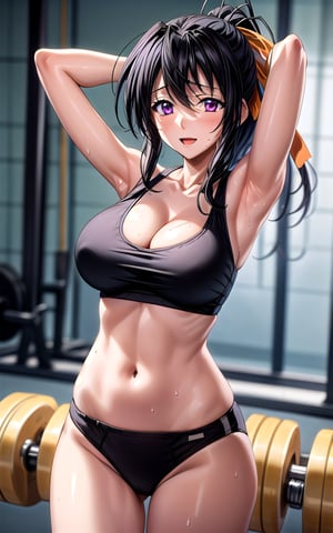 akeno himejima himejima_akeno 1girl breasts collarbone hair_between_eyes hair_ribbon huge_breasts long_hair looking_at_viewer orange_ribbon ponytail purple_eyes smile solo sexy sexy_pose in_gym gym gym_scenary armpits arm_behind_head arms_up big_breast sweat masterpiece happy toned standing (((black_crop_top))) cleavage thong sweat, open_mouth