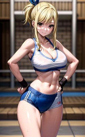 Lucy_Heartfilia 1girl solo blonde_hair brown_eyes hair_ribbon breasts large_breasts long_hair  blue_ribbon ribbon in_gym gym (((alternative_costume))) ((crop_top)) cleavage thong (((hands_on_the_hips))) smile sexy sexy_pose sexy_expresion standing sweat side_ponytail 