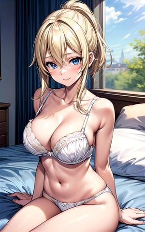 jean 1girl in_bedroom  breasts closed_mouth sitting_on_bed (((white_bra))) panties smile sexy_pose sexy breast blonde_hair breasts closed_mouth hair_between_eyes long_hair ponytail  masterpiece blue_eyes (((bare_arms))) cleavage 