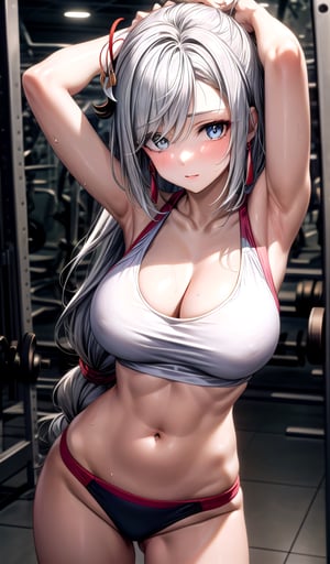 shenhe 1girl bare_shoulders blue_eyes breasts collarbone hair_ornament (large_breasts) long_hair looking_at_viewer low-tied_long_hair solo tassel very_long_hair white_hair gym in_gym gym_scenary (((crop_top))) cleavage thong arms_up armpits hands_on_own_head sweat narrow_hip abs