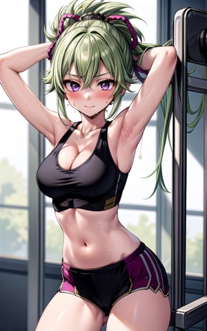 kukishinobu 1girl armpits arms_up blush bra breasts  cleavage collarbone green_hair hair_between_eyes hair_ornament looking_at_viewer medium_breasts purple_eyes  solo sweat (((black_crop_top))) shorts cleavage sexy sexy_pose gym in_gym gym_scenary short_hair smile 