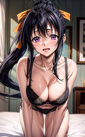 akeno himejima himejima_akeno 1girl breasts collarbone hair_between_eyes hair_ribbon huge_breasts long_hair looking_at_viewer orange_ribbon ponytail purple_eyes smile solo sexy sexy_pose in_bedroom ((hands_on_bed)) big_breast masterpiece happy toned all_fours (((black_bra))) ((dolphin_shorts)) open_mouth