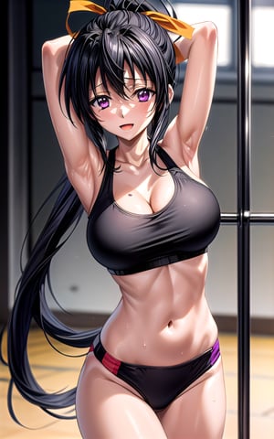 akeno himejima himejima_akeno 1girl breasts collarbone hair_between_eyes hair_ribbon huge_breasts long_hair looking_at_viewer orange_ribbon ponytail purple_eyes smile solo sexy sexy_pose in_gym gym gym_scenary armpits arm_behind_head arms_up big_breast sweat masterpiece happy toned standing (((black_crop_top))) cleavage thong sweat, open_mouth