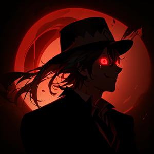 a silhouette of a handsome man wearing a hat, Black shadow inside a red circle, glowing red eyes, He wears a glowing red smiling mask, crying, crying_with_eyes_open