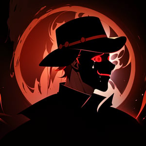 a silhouette of a handsome man wearing a hat, Black shadow inside a red circle, glowing red eyes, He wears a glowing red smiling mask, Straight crying_tears