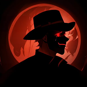 a silhouette of a handsome man wearing a hat, Black shadow inside a red circle, glowing red eyes, He wears a glowing red smiling mask, crying_tears