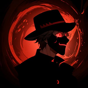 a silhouette of a handsome man wearing a hat, Black shadow inside a red circle, glowing red eyes, He wears a glowing red smiling mask, crying, crying_with_eyes_open
