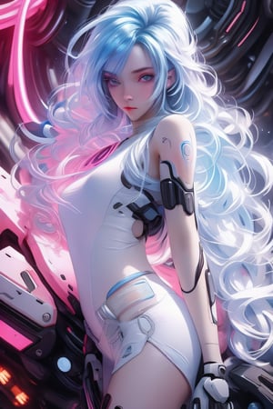 Cover, photo of a girl with long blue hair in a white t-shirt on one side of a tattooed cyberpunk space with details, luminism, strip lighting, complex, head and shoulders portrait, 4k,perfecteyes,yihyun