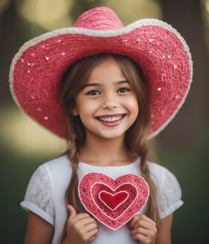 (mejor calidad), (obra maestra), una linda niña de 10 años, cara sonriente, sombrero en forma de hongo en la cabeza, mariposa muy detallada, mirando al espectador, mano en forma de corazón, corazones flotando alrededor