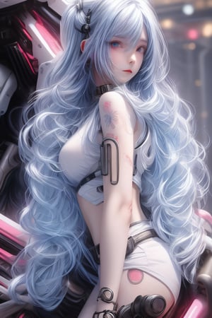 Cover, photo of a girl with long blue hair in a white t-shirt on one side of a tattooed cyberpunk space with details, luminism, strip lighting, complex, head and shoulders portrait, 4k,perfecteyes,yihyun