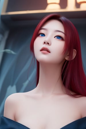 best quality, masterpiece, Black hair, blue eyes, looking up, upper body,JessicaWaifu,(red hair,yihyun