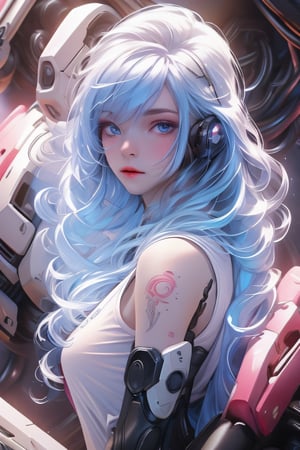 Cover, photo of a girl with long blue hair in a white t-shirt on one side of a tattooed cyberpunk space with details, luminism, strip lighting, complex, head and shoulders portrait, 4k,perfecteyes,yihyun