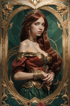 Queen of hearts, playing card, poker card, queen of hearts new art, Asian queen, beautiful face, image real, like in poker cards,big busty, Straight hair,ornamental hair,Red hair