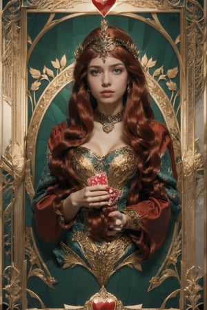 Queen of hearts, playing card, poker card, queen of hearts new art, Asian queen, beautiful face, image real, like in poker cards,big busty, Straight hair,ornamental hair,Red hair, In his hand he has a card of hearts, 