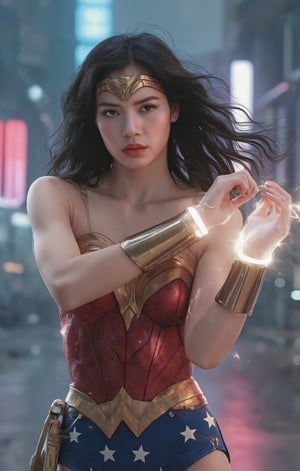 "A cinematic medium shot of Lisa Manobal as a modern version of Wonder Woman in full battle action. Her face, captured in perfect detail, shows an intense and fierce expression. Her almond eyes shine with determination, enhanced by feline eyeliner that complements her golden tiara. Her high cheekbones and defined jawline are accentuated by the neon lights of the city. Lisa's full lips are pursed in concentration. Her long black hair, with subtle blue streaks, waves dramatically as if in slow motion.

Lisa wears a futuristic version of Wonder Woman's iconic costume: a red corset with the golden eagle, now with technological details and a soft holographic glow. The blue skirt with white stars has been replaced by shorts of the same style, more practical for combat. Her golden bracelets emit flashes of energy, and the Lasso of Truth shines with an ethereal light at her side. The red high-top boots have a streamlined design with integrated LED lights.

Her arms are in a fighting stance, with visible energy flowing through her muscles, as if channeling the power of the gods. Rays of energy and electrical sparks dance around her cuffs and her tiara.

The background shows a futuristic cyberpunk city, with neon skyscrapers, floating holograms and rainy streets reflecting bright lights, all blurred to keep Lisa as the focal point. The atmosphere is tense and electric, as if we were witnessing a pivotal moment in an epic sci-fi superhero movie.,lisa_blackpink