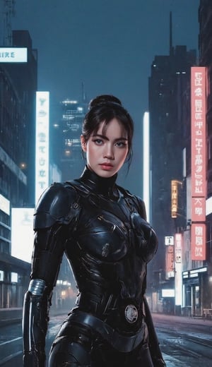 .Nighttime cityscape: A determined young woman, dressed in sleek combat gear and sporting a fierce cybernetic arm, stands tall amidst the neon-lit skyscrapers of a gritty urban landscape. Her eyes gleam with intensity as she gazes out upon the dark, misty alleys and towering corporate spires. The air is thick with the hum of hover-drones and distant sirens.