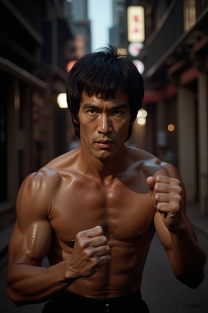 A close-up shot of Bruce Lee's determined face, sweat glistening on his forehead as he assumes a powerful stance in a dimly lit, urban alleyway at dusk. His eyes are narrowed, jaw set, and fists clenched, radiating intensity and focus. The surrounding cityscape is blurred, with only the faintest hint of neon signs casting a moody glow.