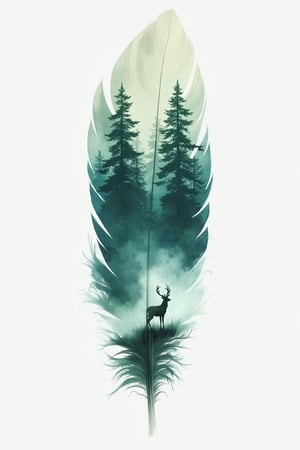 A mesmerizing and intricate artwork featuring a feather that captures the essence of nature. The feather's center is adorned with a stunning watercolor landscape depicting a foggy forest. Majestic pine trees rise above the mist, their branches intertwined, and at the forest's base, a silhouette of a deer stands, gazing intently into the distance. The color palette predominantly features cool tones, with shades of green and teal dominating the scene, creating a soothing atmosphere. The sharp and jagged edges of the feather contrast with the soft blending of the background, resulting in a visually striking piece that captures the viewer's attention. 