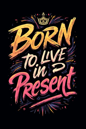 A striking vector t-shirt design featuring bold, distressed typography in a graffiti-like font. The words "Born to live in Present " stand out in vibrant colors, contrasting against the solid black background. The edgy illustration exudes energy and urban vibes, with a rebellious spirit that resonates throughout the design., illustration, graffiti, typography, vibrant