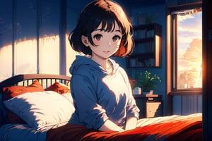 a girl wake up in the morning in the bedroom, anime style, aesthetic, best quality, ghibli studio art style