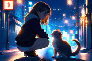 a girl petting a cat walking at night with road and street light in the background, anime style, aesthetic, best quality, ghibli studio art style