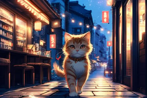 a cat walking at night with coffee shop in the background, anime style, aesthetic, best quality, ghibli studio art style