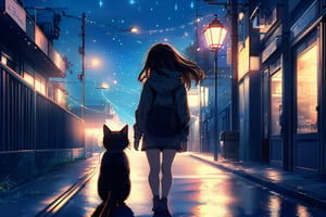 a girl walking with a cat at night with road and street light in the background, anime style, aesthetic, best quality, ghibli studio art style