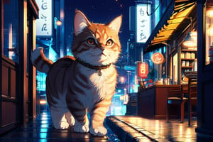 a cat walking at night with coffee shop in the background, anime style, aesthetic, best quality, ghibli studio art style