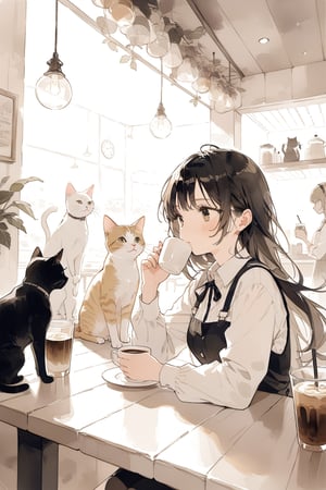 two cats and a girl drink coffee in the cafe,
masterpiece, best quality, aesthetic,