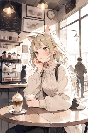 chill cat and a girl drink coffee in the cafe,
masterpiece, best quality, aesthetic,