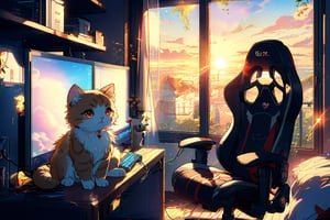 the bedroom with gaming computer with little cat on gaming chair looking out the window, afternoon sunlight, anime style, ghibli studio art style