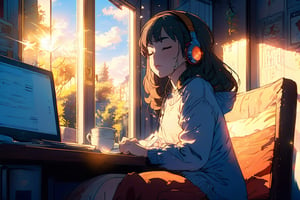 a girl with eyes closed listening to music, in the bedroom sitting on the desk, looking out the window, afternoon sunlight, anime style, low_angle_shot, ghibli studio art style